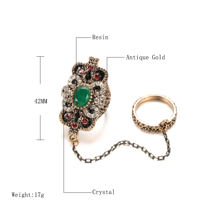 Wbmqda Luxury Boho Big Ring Sets for Women Antique Gold Color Green Stone Crystal Ring Ethnic Bridal Wedding Jewelry Wholesale