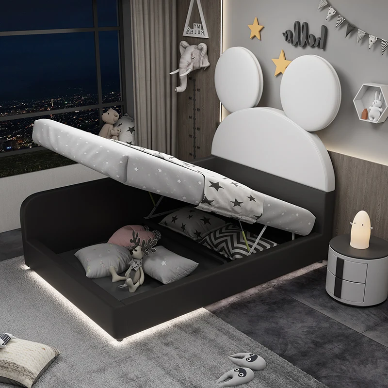 Nordic Muis Cartoon Ouder-Kind Bed Kinderen Bed Jongen Multifunctionele Slaapkamer Massief Hout Leer Met Vangrail Bed