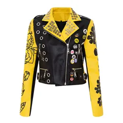 Autumn Rivet Faux Leather Jacket for Women Punk Style Letters Printing Jackets Punk Biker Moto Jacket with Patches