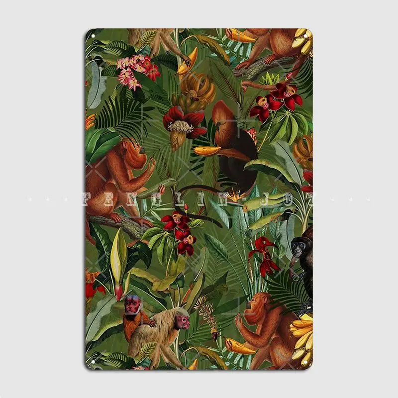 

Tropical Monkey Jungle Pattern Dark Green Metal Plaque Poster Cinema Living Room Kitchen Design Plaques Tin Sign Posters