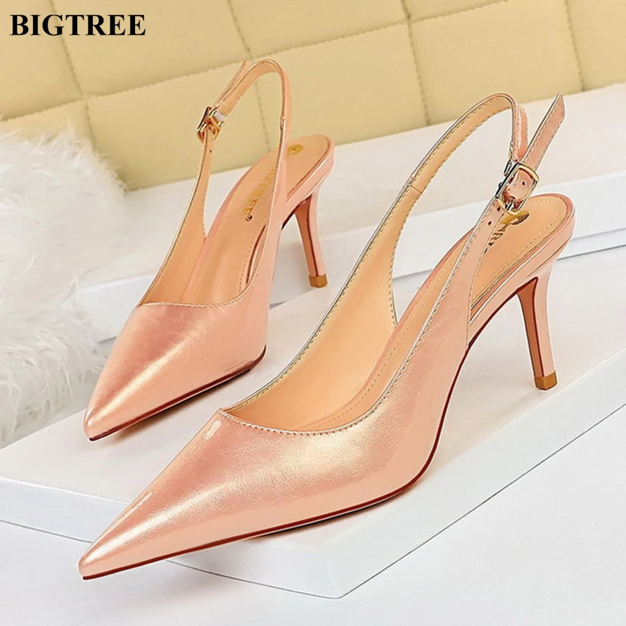 Fashion Women's Shoes Party Delicate Woman Pumps Summer Fine Heel High Heels Shallow Tip Hollow Back Buckle Dress Shoe Plus Size