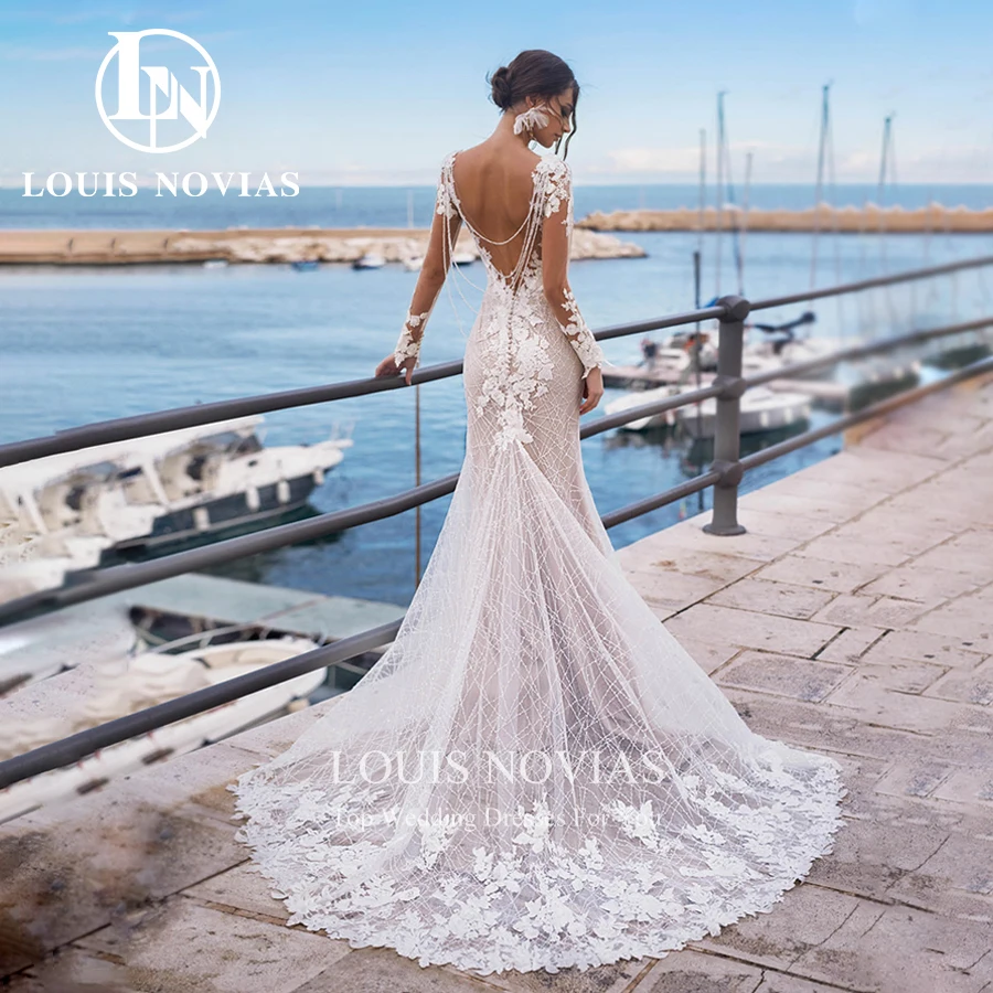 Louis novias sexy sereia vestido de casamento sem costas botão manga longa miçangas apliques querida vestidos de noiva novia