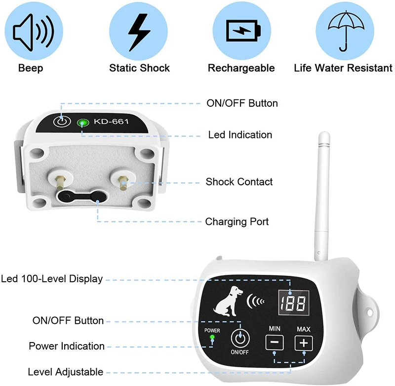 Benepaw Electric Wireless Dog Fence System Waterproof Rechargeable Pet Training Collar Shock Beep Up To 500m Radius Boundary