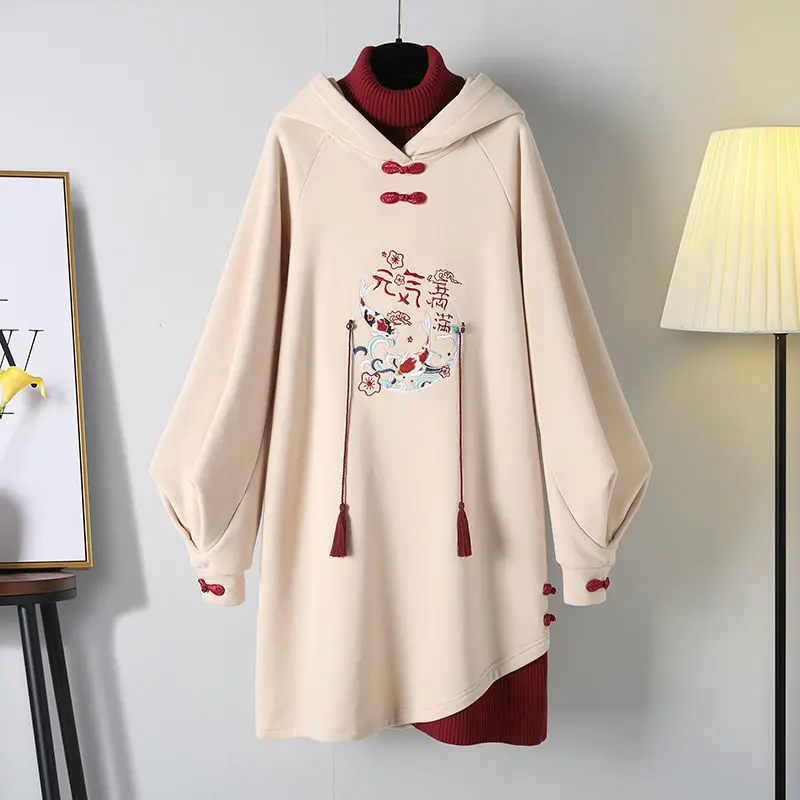 Plus Size Women's Cheongsam Autumn Winter 2021 Chinese Traditional Style Hooded Sweate Daily Dresses Thick