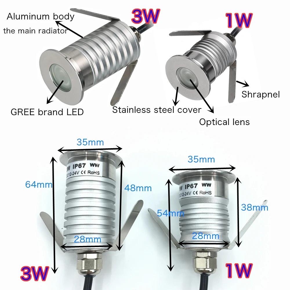 IP67 مقاوم للماء 12 فولت المصابيح إضاءة تحت الأرض 1 واط 3 واط في الهواء الطلق في الأرض مصباح المشهد ضوء سطح السفينة لحديقة ساحة مسار درج الفناء