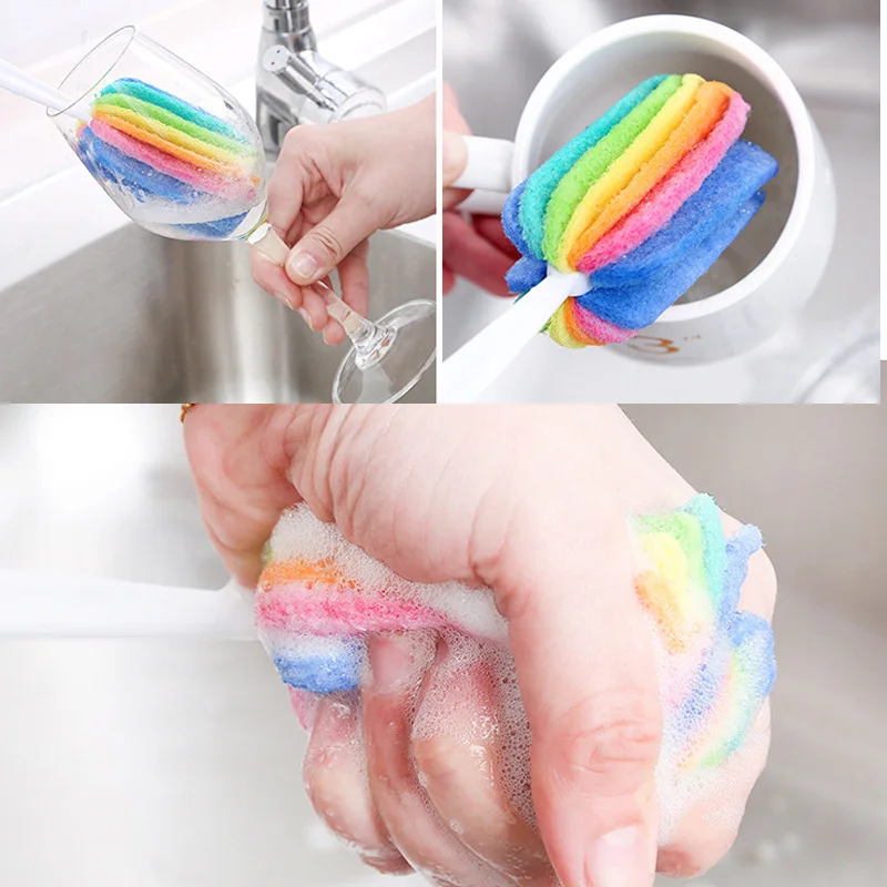 Long Handle Sponge Brush Washing Dishes Tea Coffee Glass Cup Bottle Household Cleaning Tool Rainbow Scouring Cloth Cup Brush