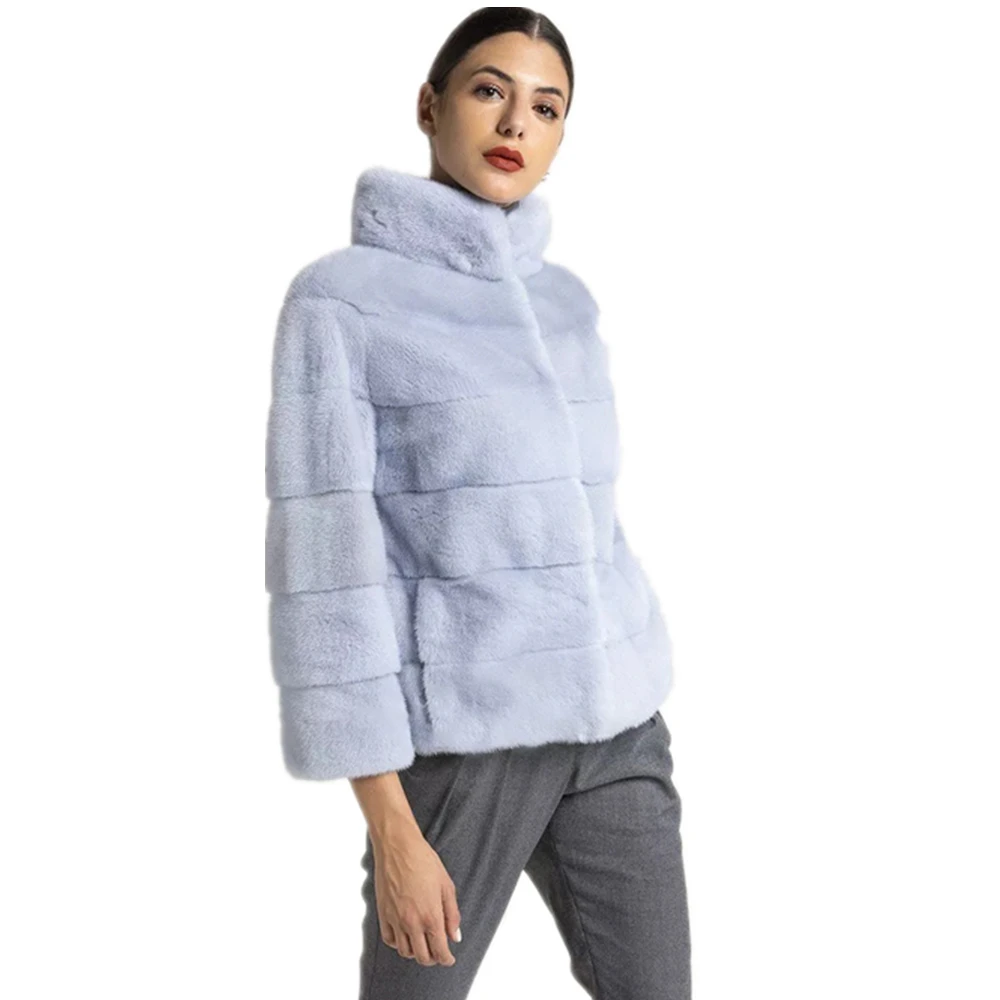 TOPFUR New Mink Fur Coat Woman Leather Jacket Winter Coat Women Real Fur Coat With Collar Plus Size Short Jacket Light Blue