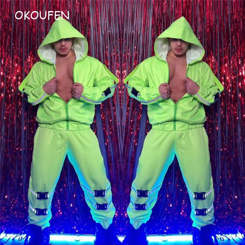 

Nightclub bar Men's Hooded Zipper Tooling Jumpsuits Costume Reflective Fluorescent one piece Overalls