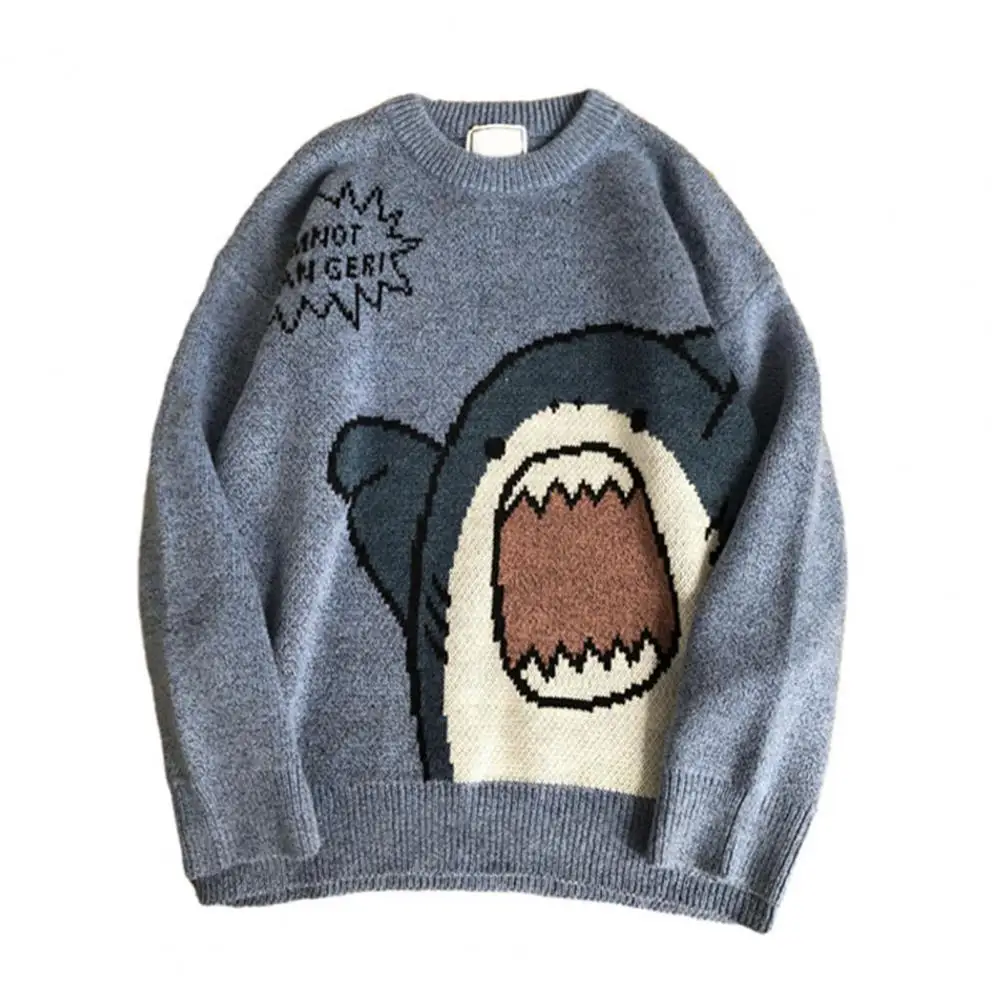 40%HOTWomen\'s Men\'s Sweater Cartoon Shark Print Round Neck Long Sleeve Sweater Top Student Sweater Everyday Loose Sweater