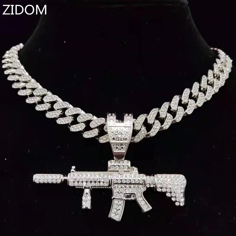 Hombres Mujeres Hip Hop Iced Out Bling Submetral Gun colgante collar con 13mm Miami cadena cubana HipHop collares joyería de moda