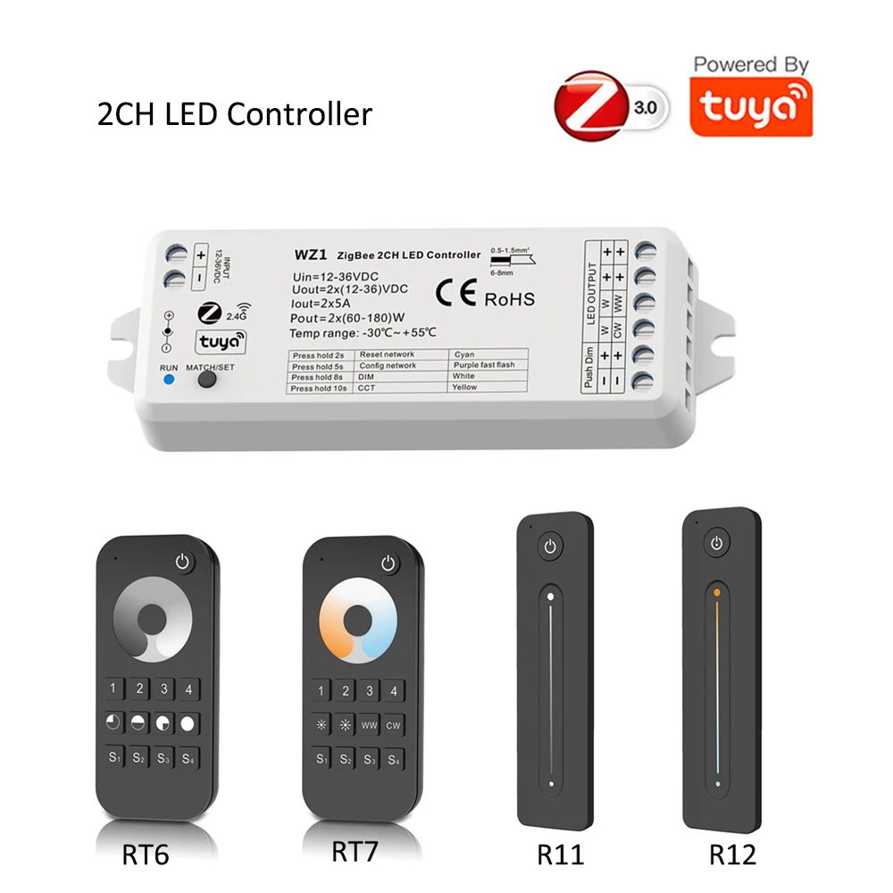 Tuya Zigbee 2CH Led Controller 12V 24V Dimmer CCT WW/CW Single Color Strip 2.4G Wireless Remote Control works Alexa Google Home