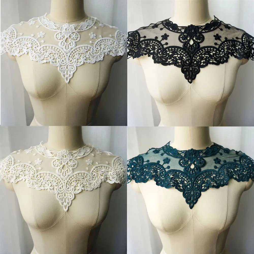 Black White Beige Green Embroidered Flower Lace Collar Mesh Appliques Gothic Maid Wear Vintage Sew Patch For Wedding Dress DIY