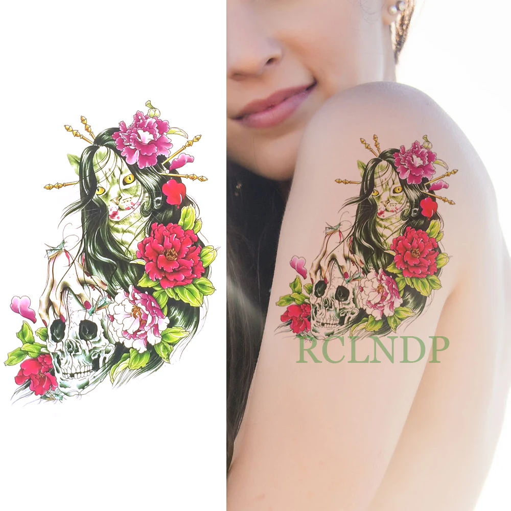 Waterproof Temporary Tattoo Sticker Skull Head Peony Rose Fake Tatto Flash Tatoo Back Leg Arm Belly Big Size for Women Girl Men