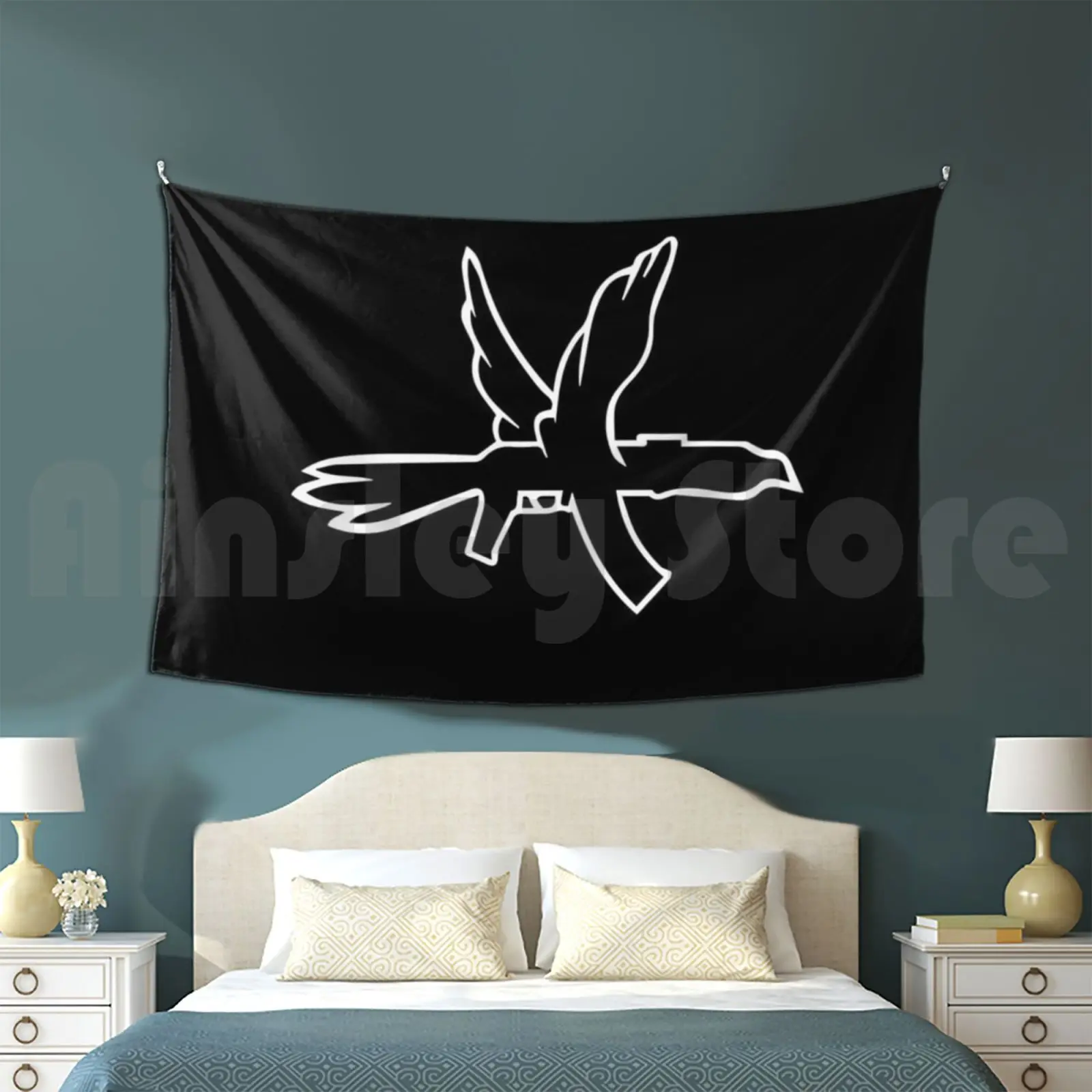 

Columbine Customized Tapestry Columbine Rap Iencli Music Album Logo Dove Gun Armed Peace Black White