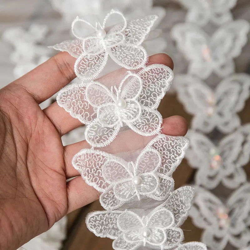 White Beaded Butterfly Lace Ribbon Embroidery Fabric 4/5/7cm Wide For Wedding Dress Decorative Sewing Diy Crafts Supplies 1yard