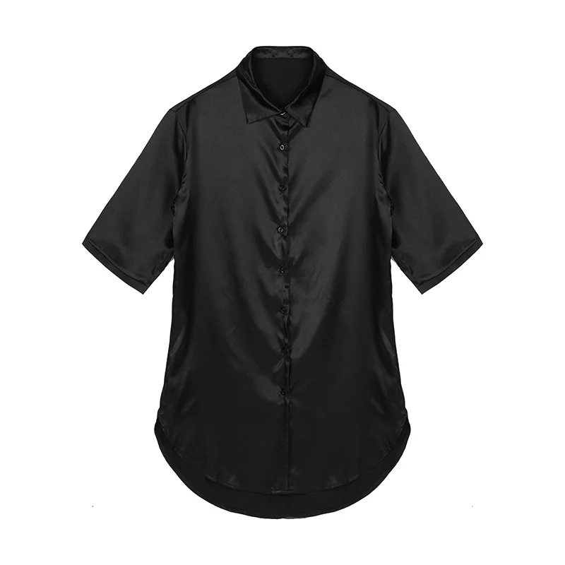 Women Soft Satin Loose Loungedress Sleepshirt 3/4 Long Sleeve Boyfriend Style Turndown Collar Button Shirts Nightgown Sleepwear