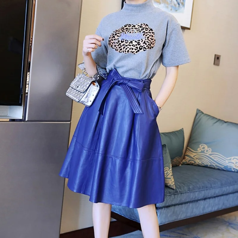 High Vintage Waist A Line Skirt Women Middle Length Genuine Leather Skirts New Spring Sweet Ladies Bow Sheepskin Pleated Skirt