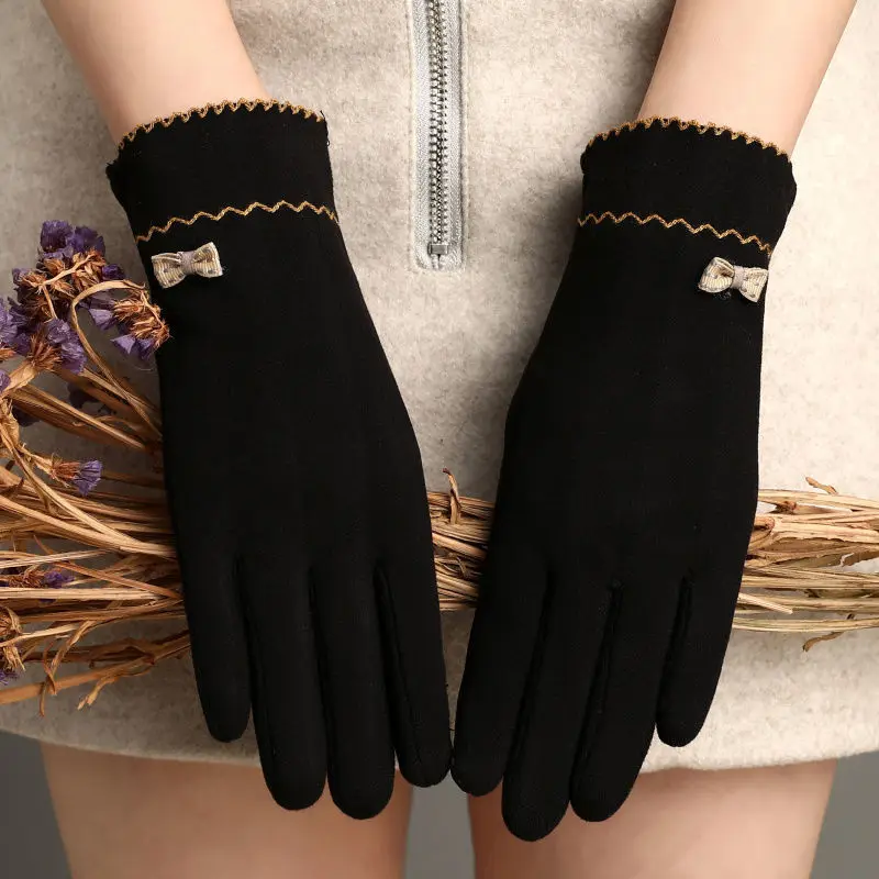 Autumn Winter New Women Keep Warm Touch Screen Thin Fleece Windproof Elasticity Gloves Elegant Female Retouch Bowknot Simple