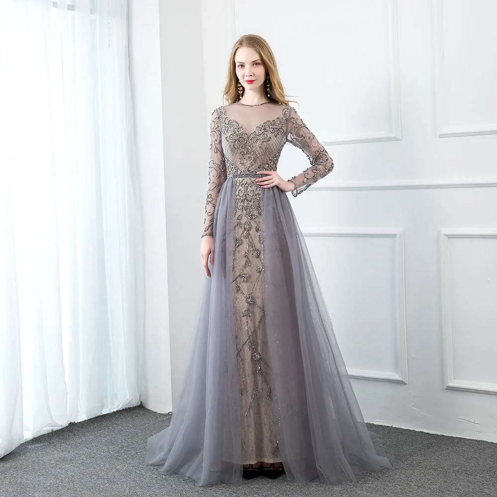 YQLNNE 2024 Long Sleeve Evening Dress Gray Tulle Rhinestones Beaded Evening Gown Formal Women Party Dresses with Nude Lining