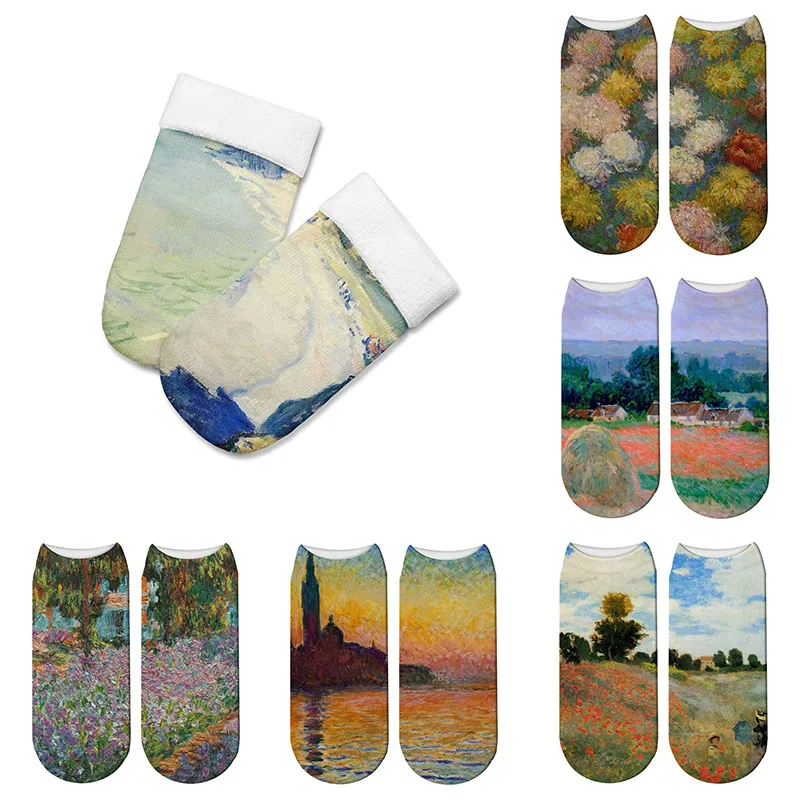 Moda 3d retro pintura arte monet meias feminino engraçado personalidade novidade feliz meias casual tornozelo algodão calcetines mujer