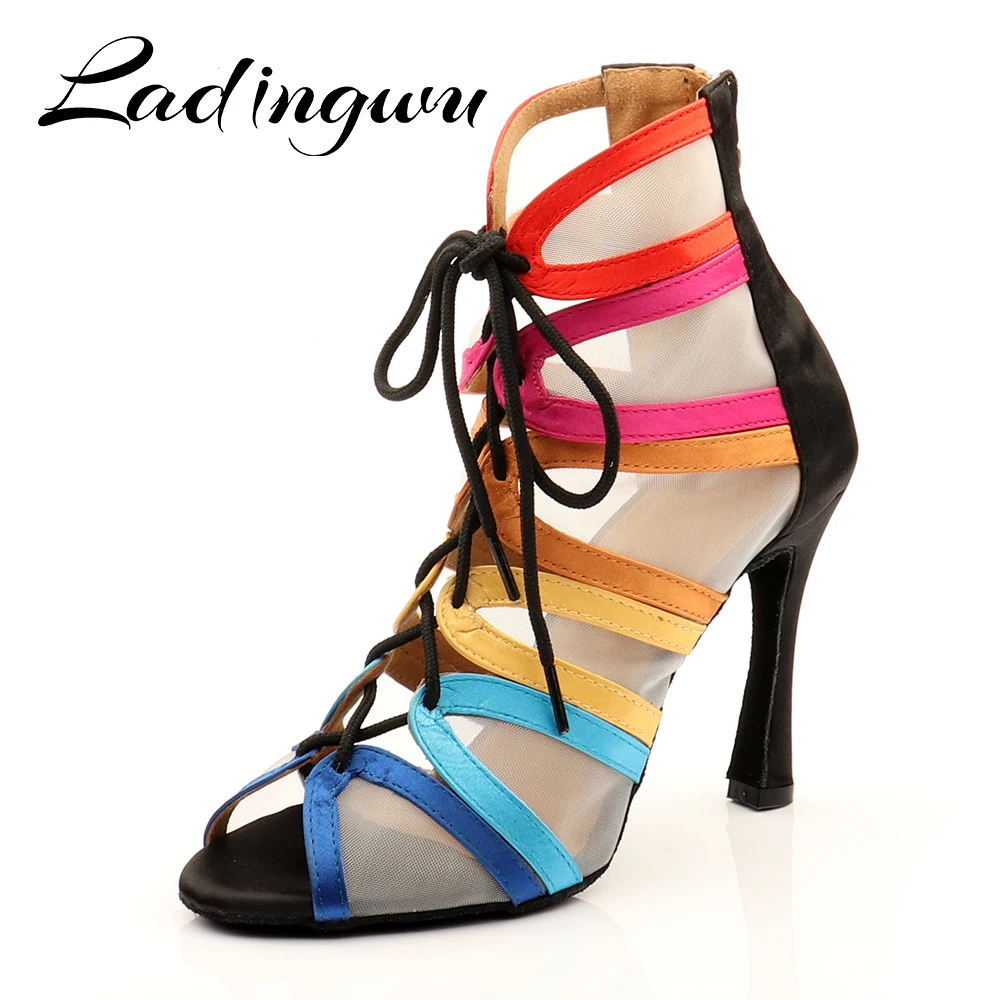 Ladingwu New Salsa Dance Shoes For Woman Colorful Satin And Breathable Mesh Latin Shoes Dancing Party Samba Tango Ballroom Shoes