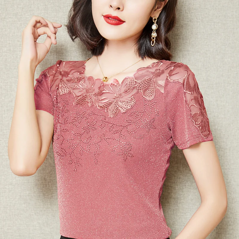 M-5XL Women T-Shirt 2024 New Lace Hollow Embroidery Mesh Tops Fashion Casual Short Sleeve Hot Drilling Women\'s Shirt Blusas