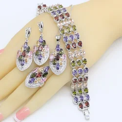 Multicolor  Zircon Silver Color Jewelry Sets for Women Bracelet Earrings Necklace Pendant Ring Gift Box