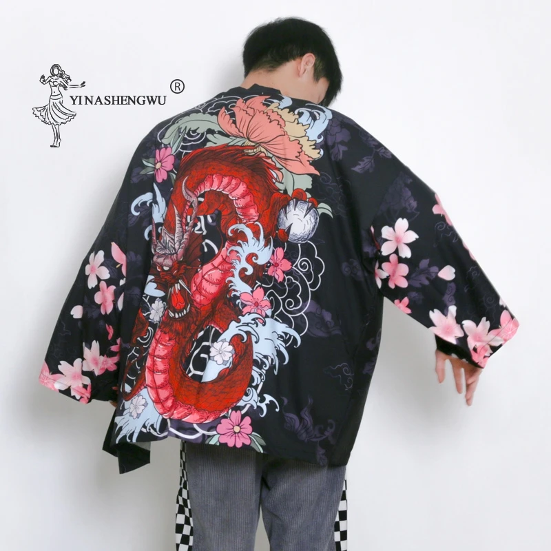 Vintage Cardigan New Japanese Traditional Kimono Streetwear Men Loose Yukata Dragon Print Sun Protective Lothing Fashion Blouse