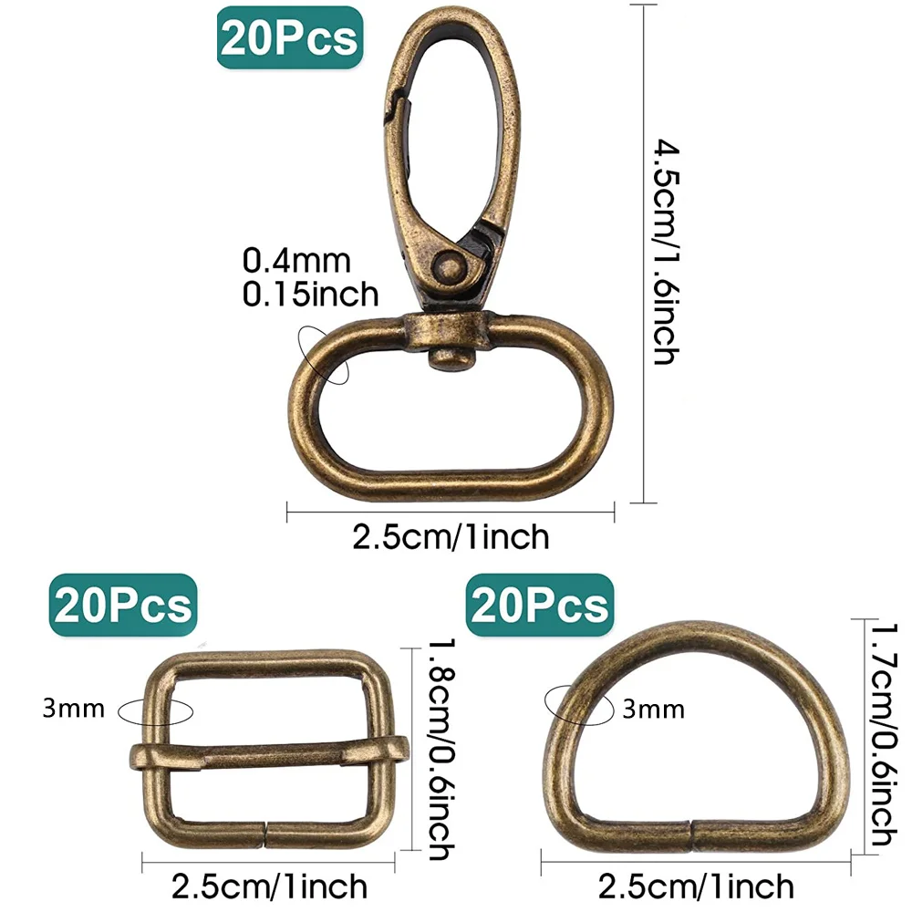 60 pz rettangolo regolatore Triglides diapositive fibbia D anelli e moschettoni girevoli fibbie Tri-Glide per accessori fai da te (25mm)