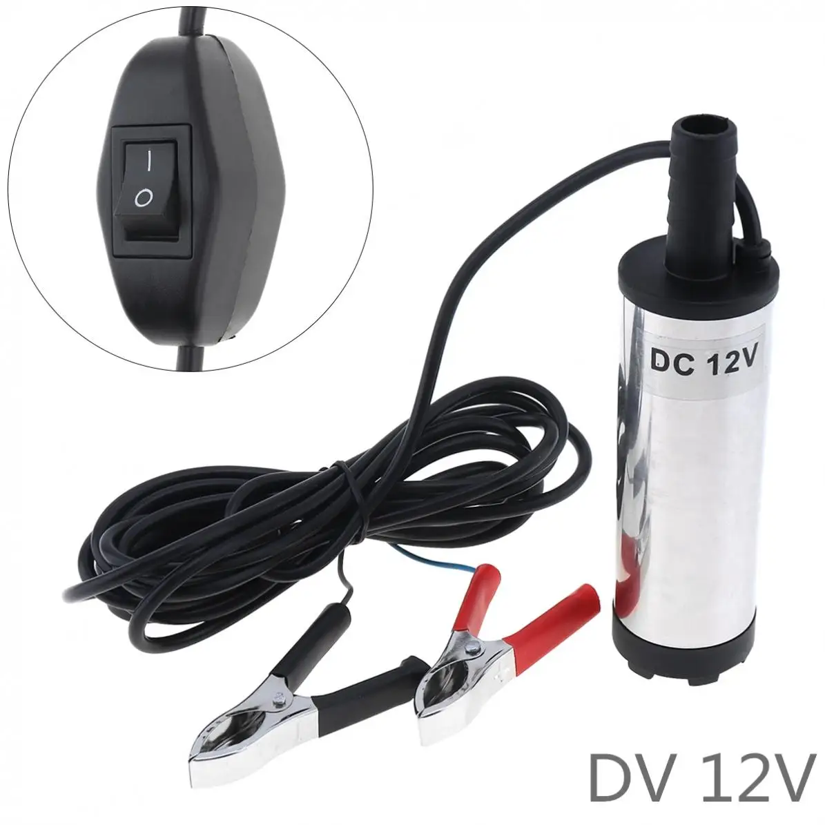 DC 12V 38MM Silver Portable Stainless Steel Car Electric Submersible Pump Fuel Water Oil Barrel Pump with 2 Alligator Clips