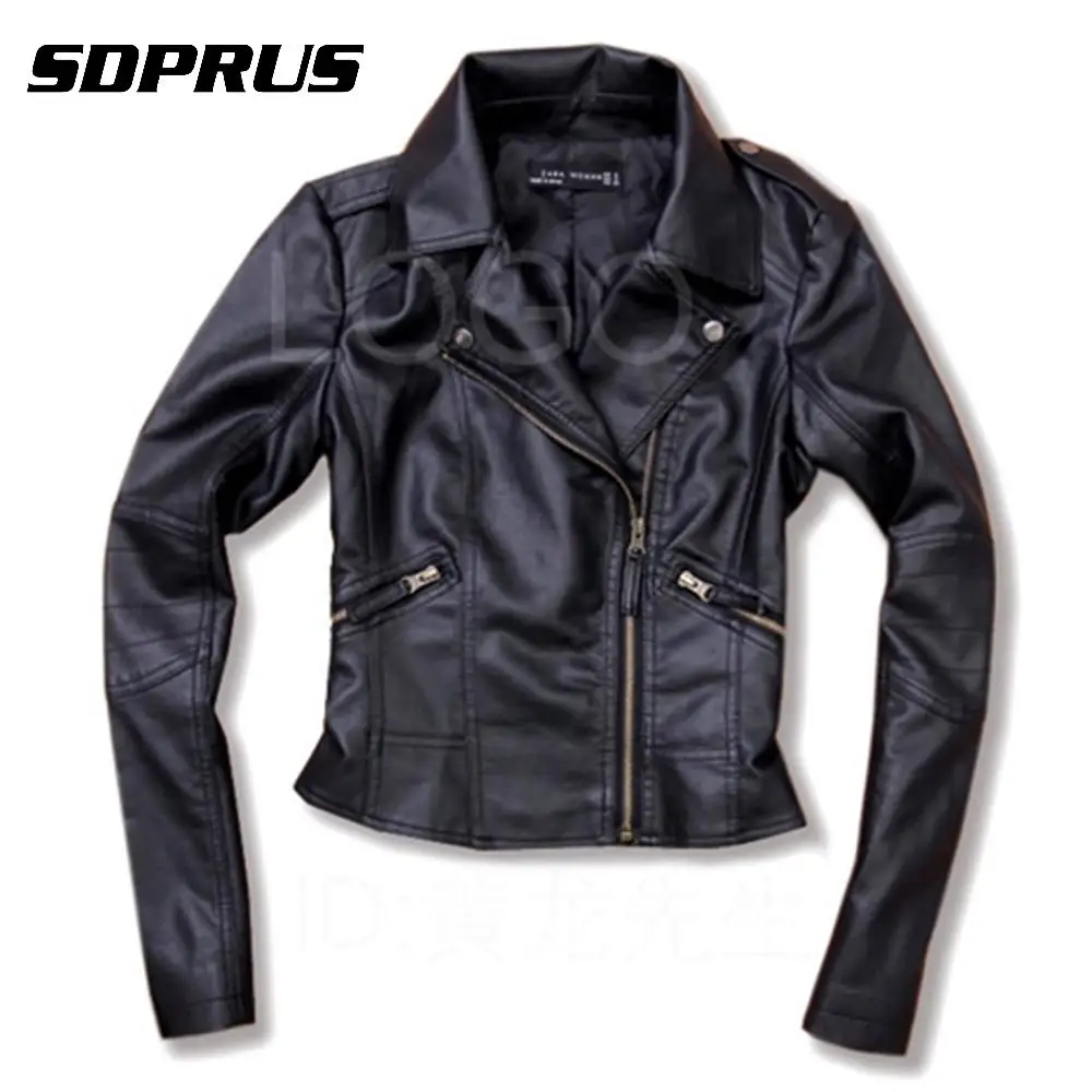 

New Fashion Women Zipper Jacket Coat Black Slim Faux Leather Inclined Zipper Jacket Coat Size S