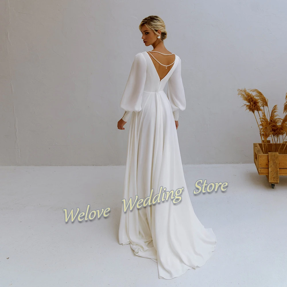 Eenvoudige Witte Slit Trouwjurk Voor Vrouw Met Lange Mouwen Slim V-hals Civiele Bridal Party Gown Elegante Robe De mariage 2021 Nieuwe