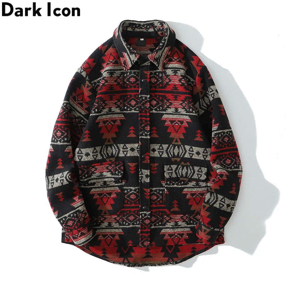 Dark Icon Geometric Thick Jackets Men Women Pockets Autumn Men\'s Shirt Jacket Vintage Shirts