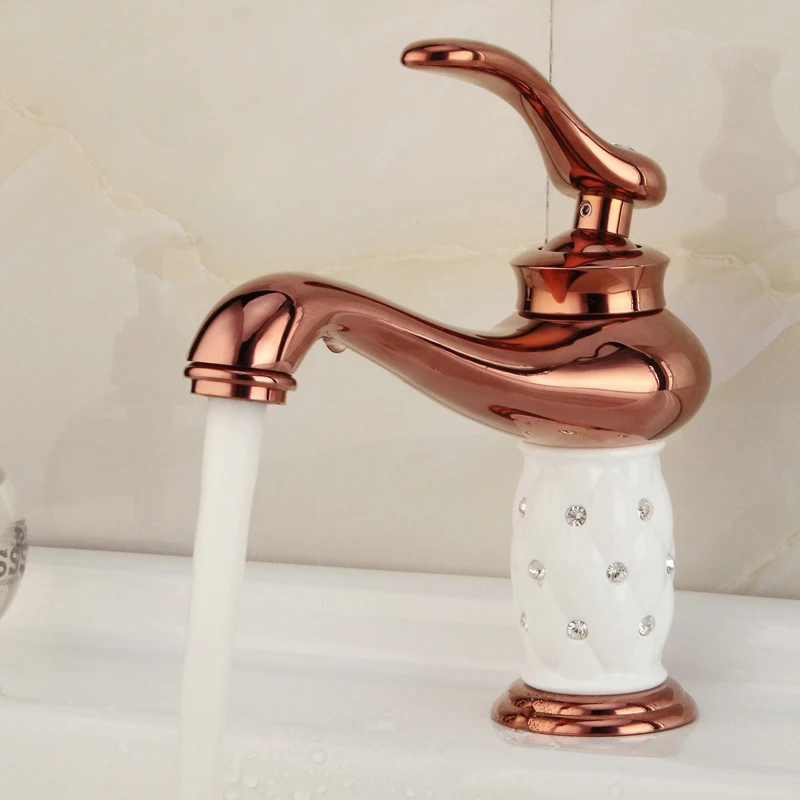 Brass Rose Gold With Diamond Luxury Bathroom Basin Mixer Taps Single Holder Deck Mount Faucets RS329