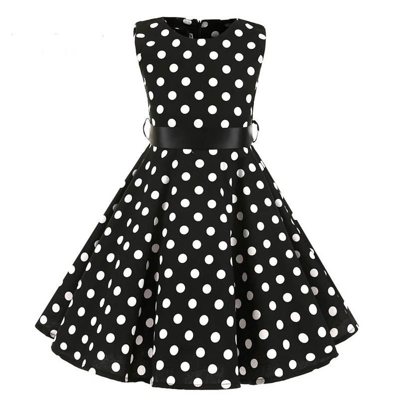 Schwarzes Kleid mit Punkten für Mädchen, A-Linien-Kleid, Urlaubskleidung, Kinderkleidung, Kleid. – Detail 7