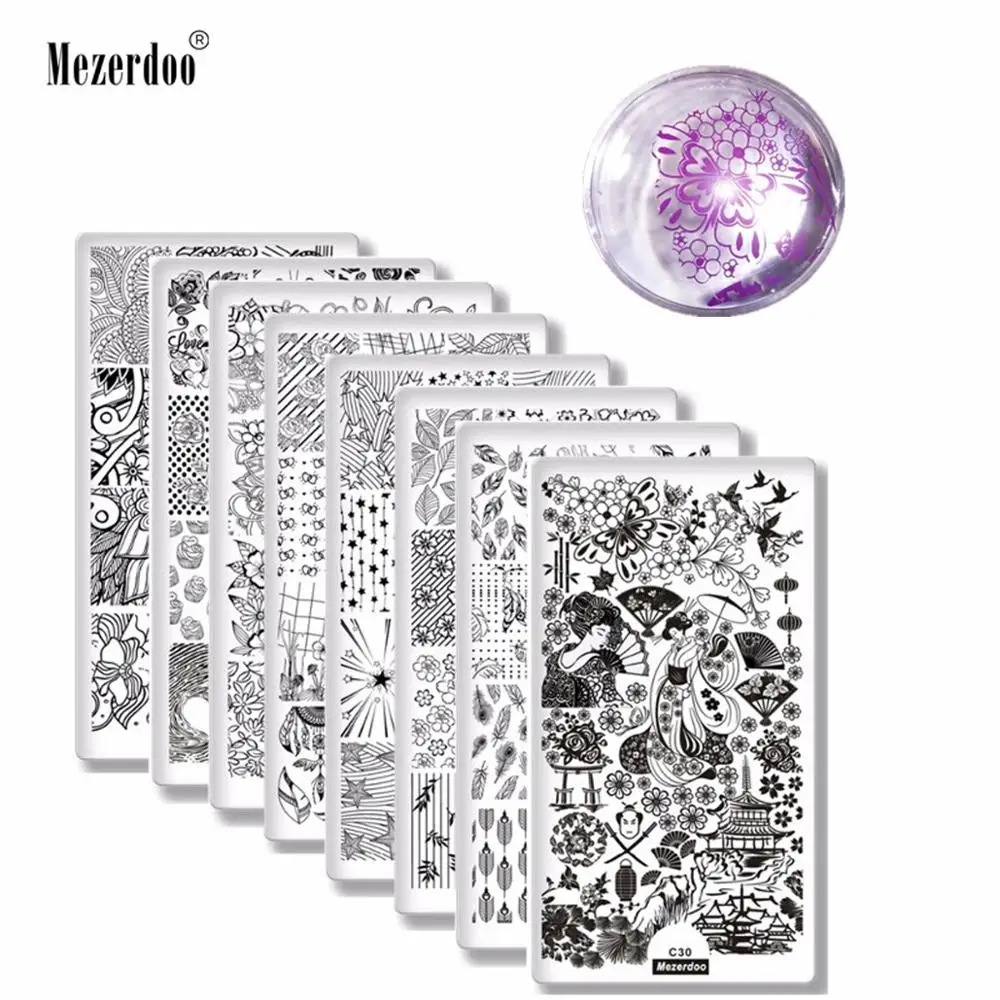 

8Pcs Nail Stamping Plates + 1 Stamper + 1 Scraper Flower Feather Geisha Pattern Nail Art Stamp Stamping Template Image Plates