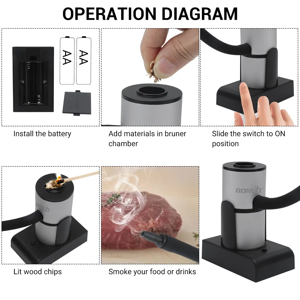 BORUiT Food Cold Smoke Generator Portable Molecular Cuisine Smoking Gun Meat Burn Cooking for BBQ Grill Smoke Infuse