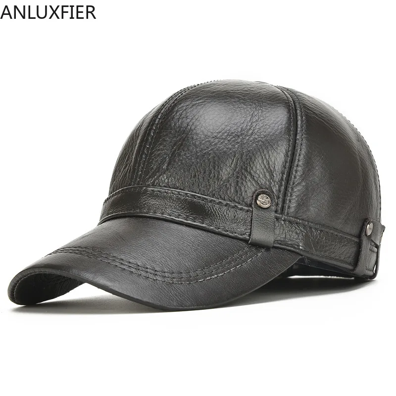 Male Genuine Leather Hat Cowhide Baseball Cap  Adjustable Ear Men's  Elderly Thick Outdoor Baseball Cap New Year Gift  B-7128