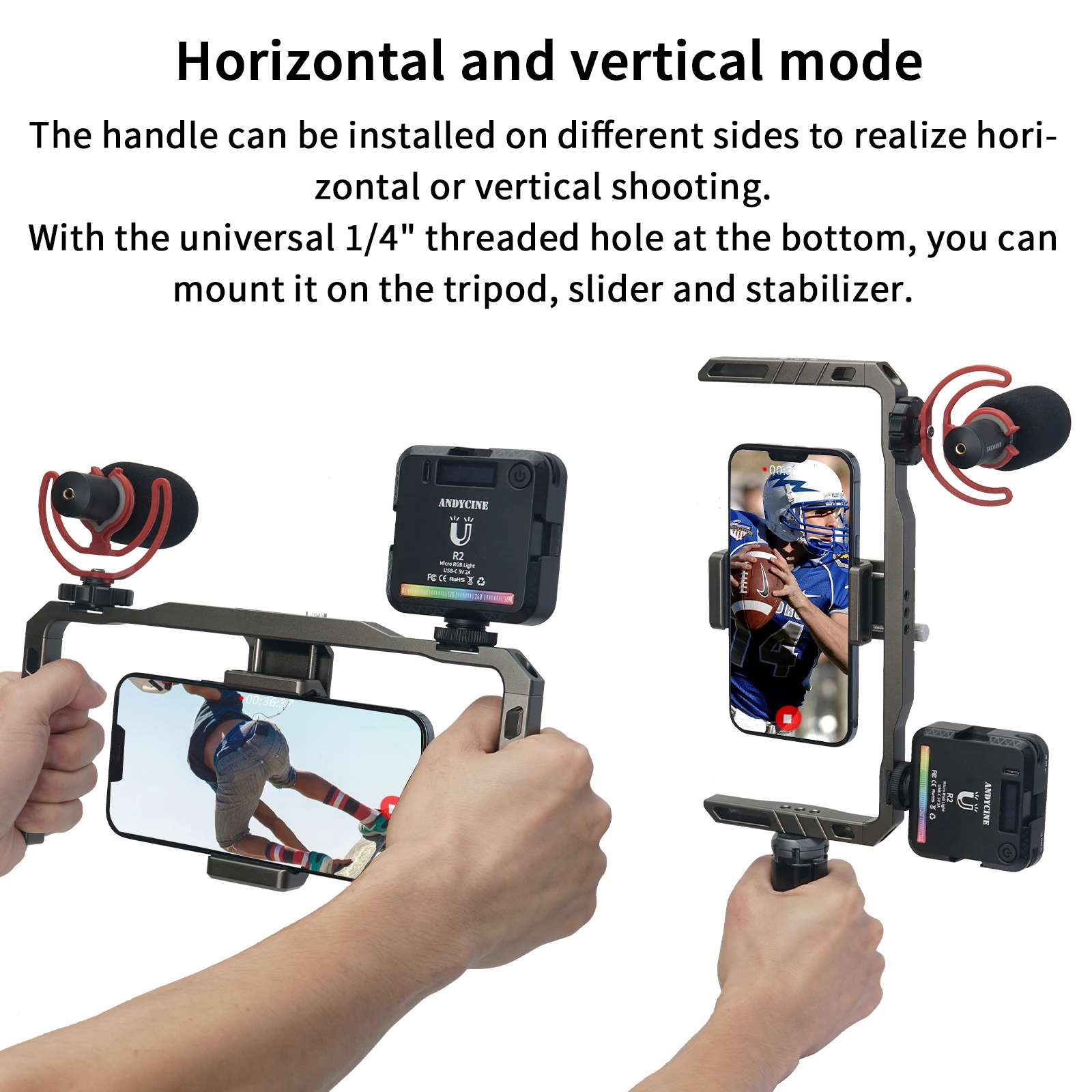 ANDYCINE-Soporte Universal para teléfono, estabilizador de empuñaduras dobles de aluminio con soporte de zapata fría para grabación de vídeo