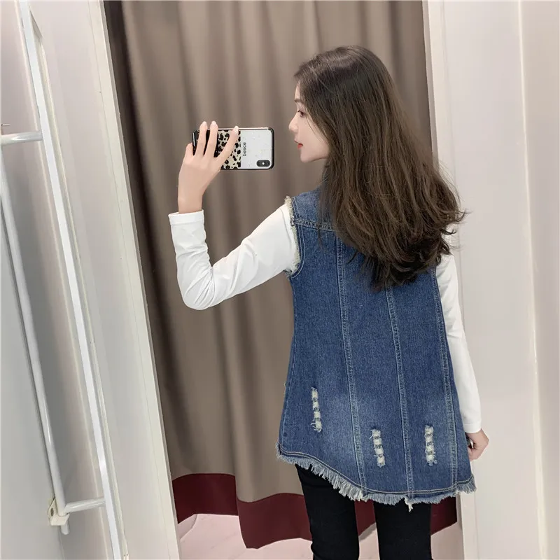 S-6XL Women Denim Vest Sleeveless Ripped Single-Breasted Waistcoat Spring Autumn Casual Midi-Length Jean Vest Coat