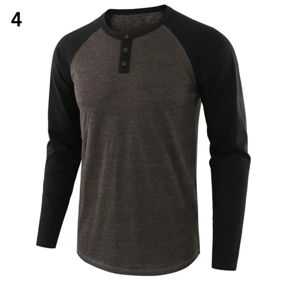 80% HOT Casual Men\'s Long-sleeved T-shirt Autumn O-neck Long Raglan Sleeves Color Matching T-shirt Button Pullover Tops