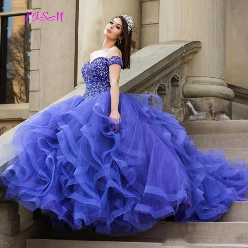 Sweetheart Off The Shoulder Blue Quinceanera Dresses 2021 Sequins Beads Tiered Pageant Princess Party Sweet 15 Ball Gown