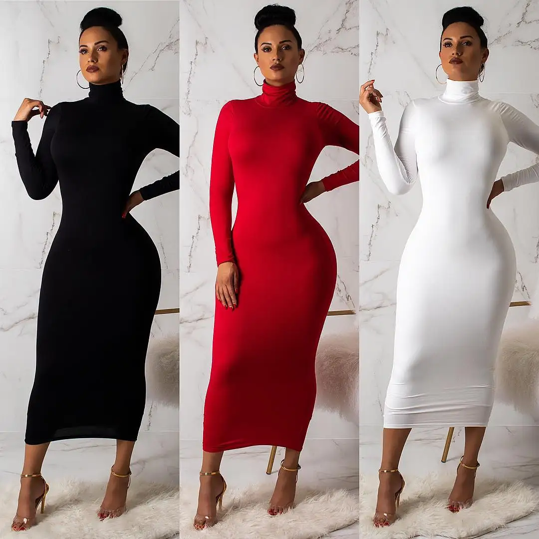 Wantmove Spring New Fashion Dress Solid Color Long Sleeve Turtleneck Slim Hip Zippers Party Long Dress For Women JZ550