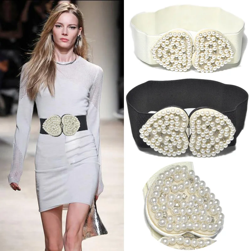 

Fashion 2018 Ladies Elastic Heart Pearl Diamond Wide Belts Elegant women Black/White Girdle Female Elastic Waistband Belt Bg-859