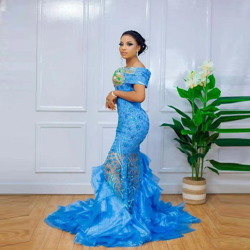 Xanh Dương 1 Vai Promise 1 Vai Hạt Tinh Thể Xù Dưới Nàng Tiên Cá Dạ Hội Xem Qua Aso Ebi Đảng Đồ Bầu