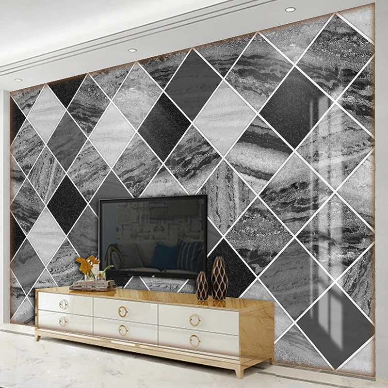 

Custom Photo 3D Lattice Geometric Black Gray Marble Pattern Modern Living Room TV Background Wall Murals Wallpaper For Walls 3D