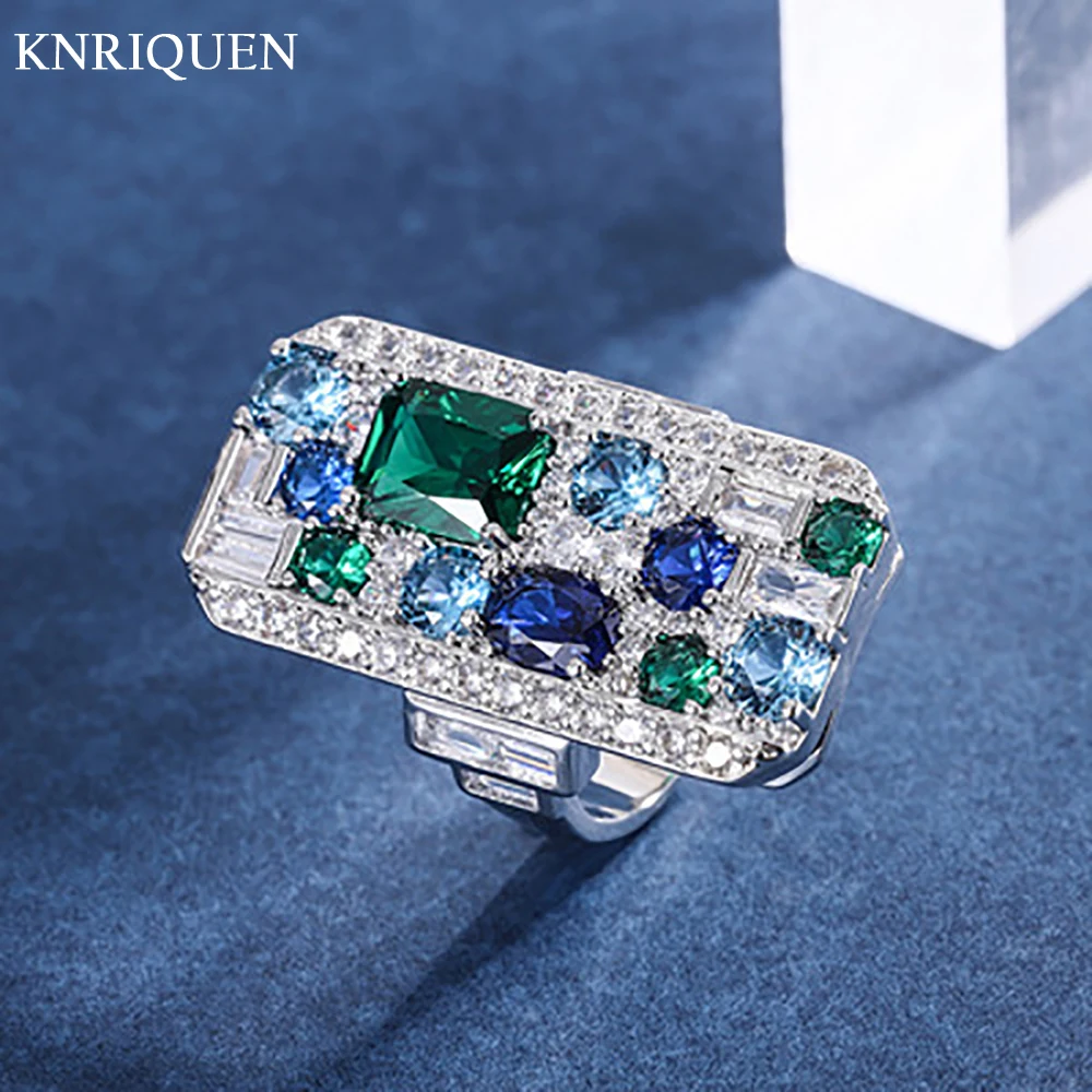 

Luxury Vintage Emerald Sapphire Aquamarine Gemstone Big Ring for Women Wedding Band Cocktail Party Ring Charms Gift Accessories