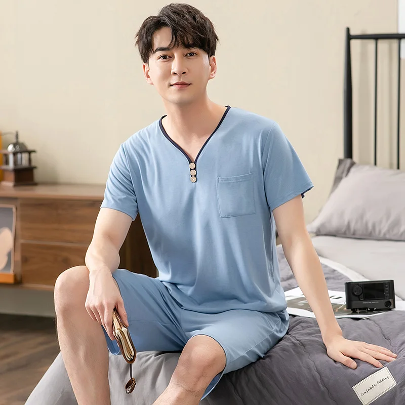 New V-Neck Modal Cotton Mens Summer Short Sleeve Shorts Pajamas Set Big Size M-4XL Sleepwear Leisure Suits Nightwear Men Pijamas