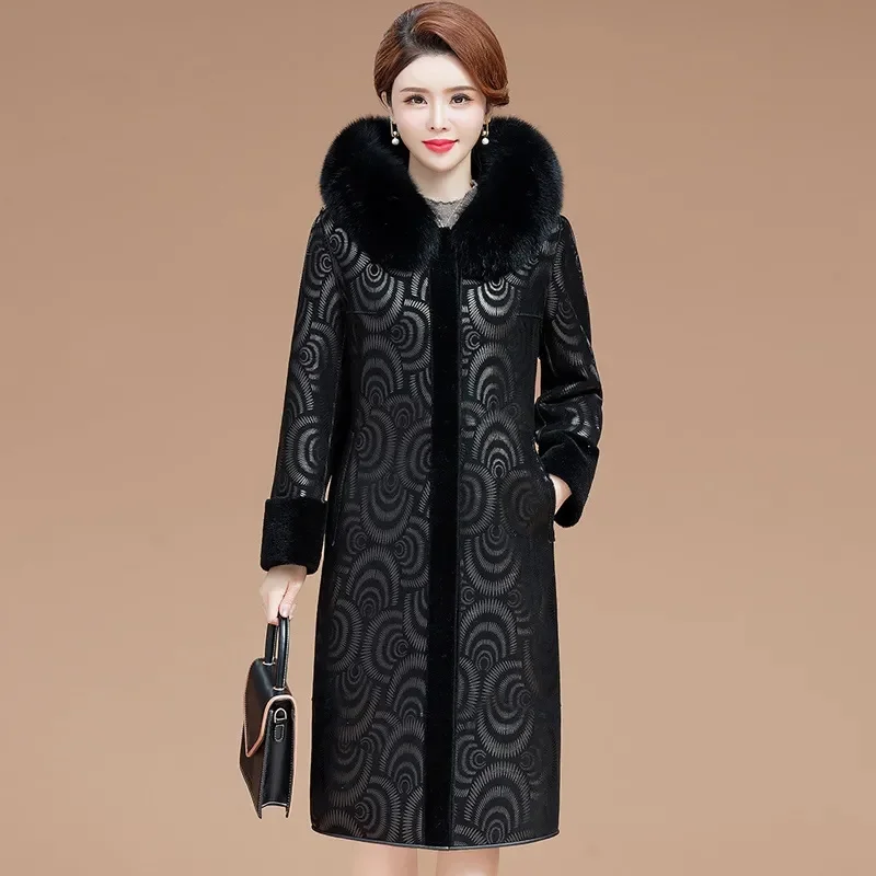 Women Winter New Thick Long Imitate Fur Coat Female Double-Sided Printing Middle-aged Mother Hooded Long Imitate Fur Jacket A883