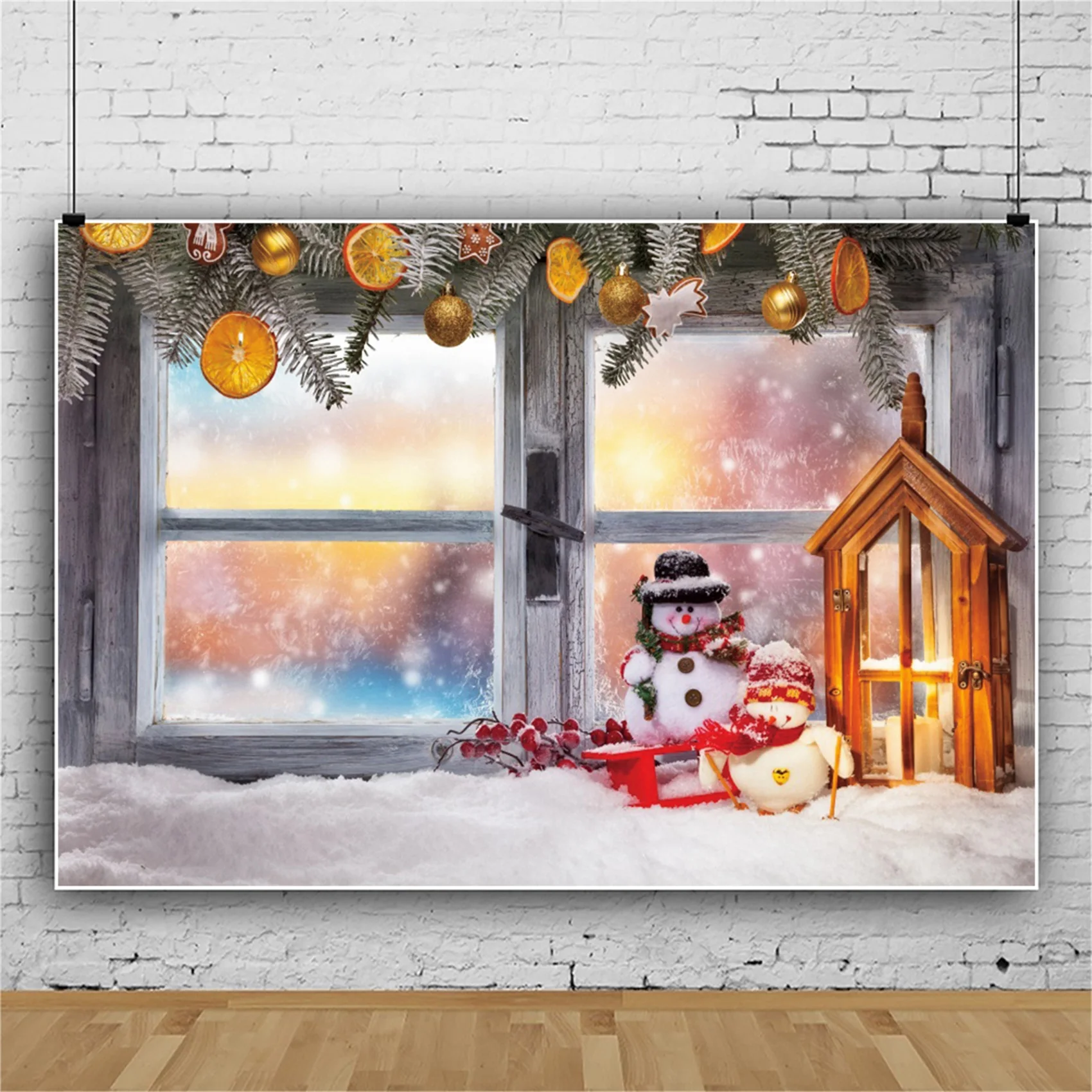 Laeacco Winter Schnee Ansicht Vinyl Hintergrund Weihnachten Kiefer Blätter Fensterbank Schneemann Kerze Baby Portrait Fotografie Hintergrund